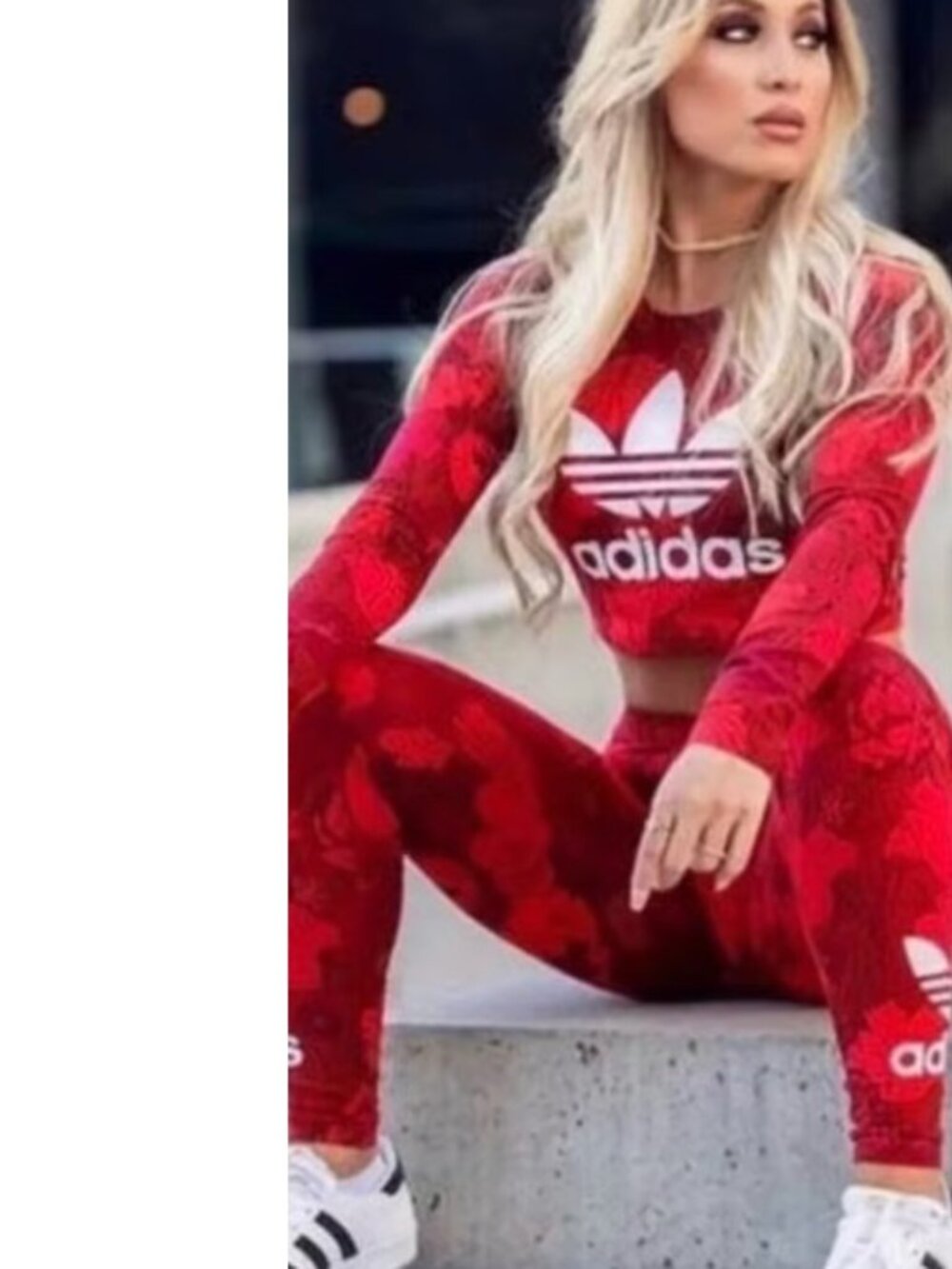 Adidas Womens Soft Stretch Knit Leggings Red Floral Logo Cotton M - Picture 2 of 5